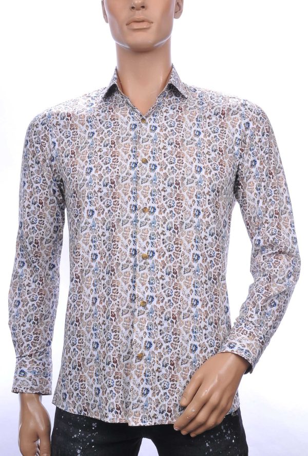 Corrino Italiaanse getailleerd slim fit allover tijgerprint dessin heren overhemd Beige