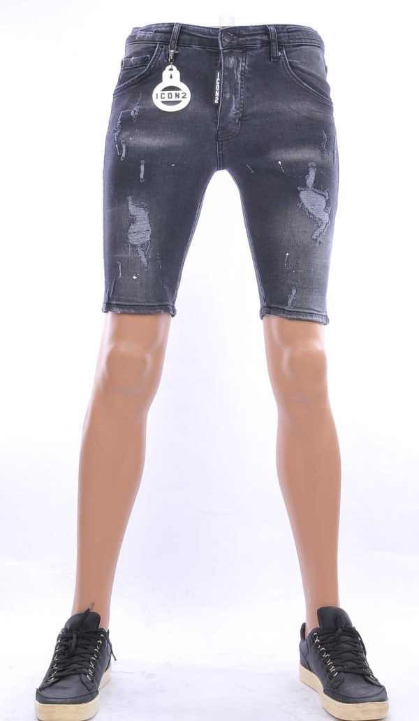 ICON2 hippie gescheurde slim fit heren korte spijkerbroek met verfvlekjes Zwart