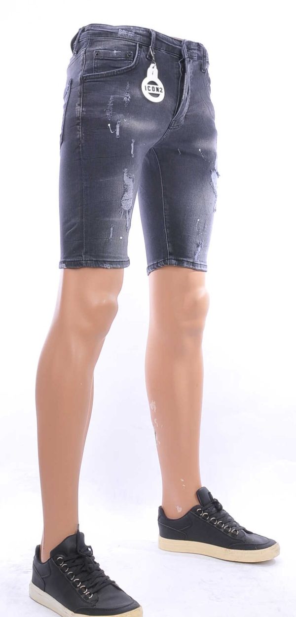 ICON2 hippie gescheurde slim fit heren korte spijkerbroek met verfvlekjes Zwart