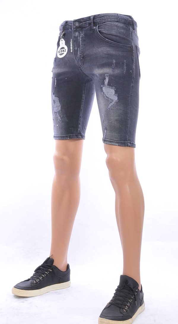 ICON2 hippie gescheurde slim fit heren korte spijkerbroek met verfvlekjes Zwart