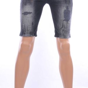 ICON2 hippie gescheurde slim fit heren korte spijkerbroek met verfvlekjes Zwart