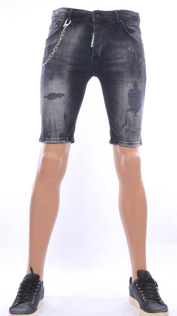 ICON2 hippie gescheurde slim fit heren korte spijkerbroek met verfvlekjes Zwart