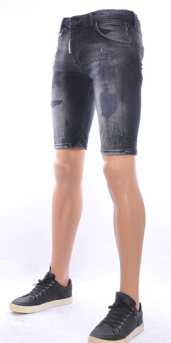 ICON2 hippie gescheurde slim fit heren korte spijkerbroek met verfvlekjes Zwart