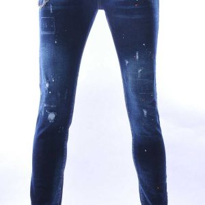 ICON2 hippie gescheurde slim fit stretch heren jeans met verfspatten Blauw