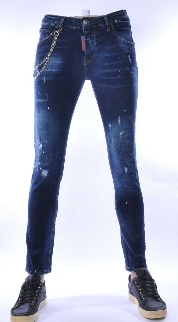 ICON2 hippie gescheurde slim fit stretch heren jeans met verfspatten Blauw