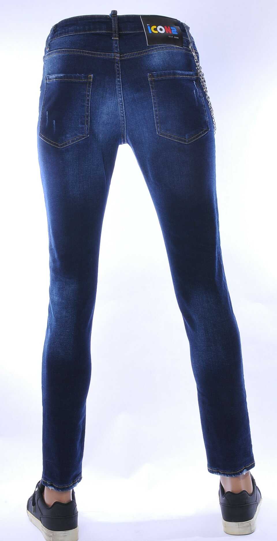 ICON2 hippie gescheurde slim fit stretch heren jeans met verfspatten Blauw