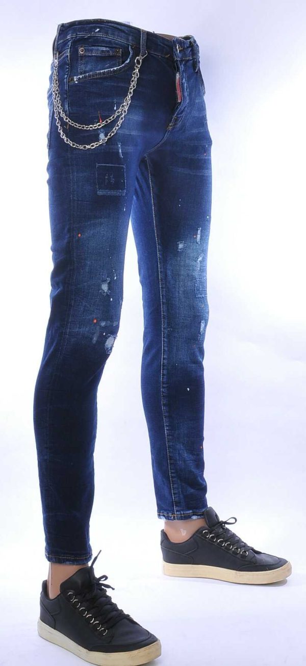 ICON2 hippie gescheurde slim fit stretch heren jeans met verfspatten Blauw