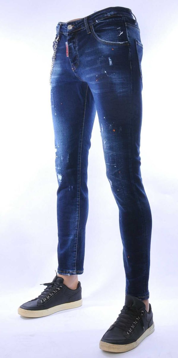 ICON2 hippie gescheurde slim fit stretch heren jeans met verfspatten Blauw