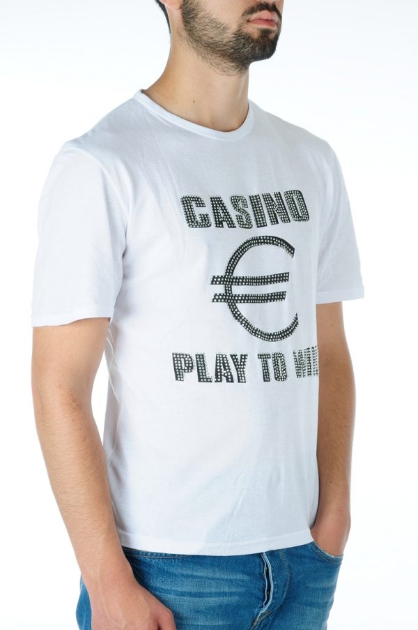 Ricardi CASINO € PLAY TO WIN trendy heren T-shirt met steentjes Wit