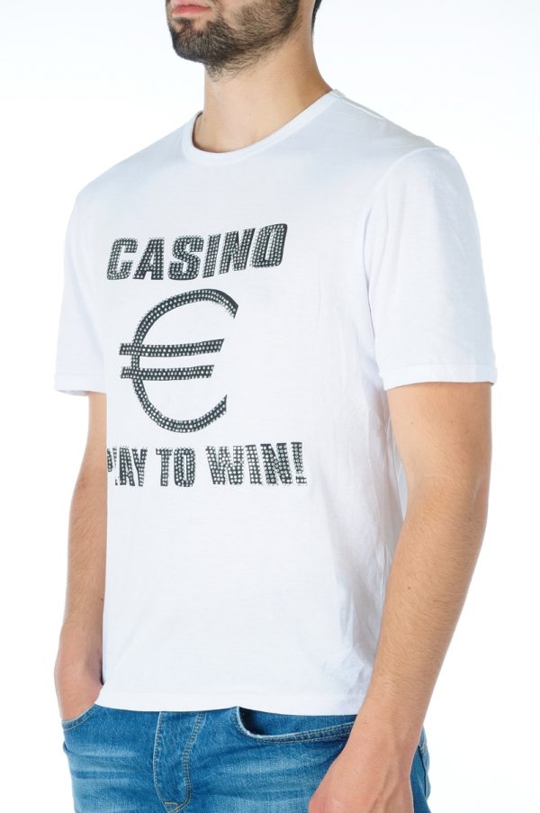 Ricardi CASINO € PLAY TO WIN trendy heren T-shirt met steentjes Wit