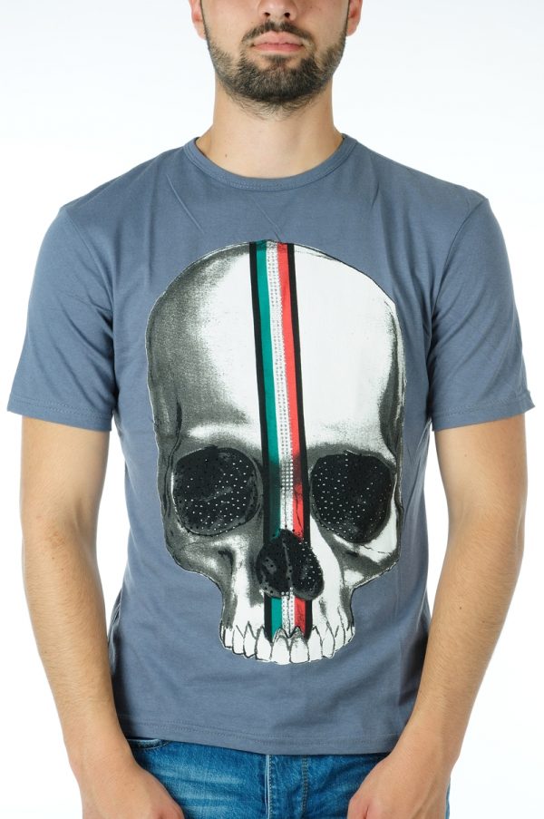 Ricardi trendy ronde hals heren skull T-shirt met steentjes Antraciet