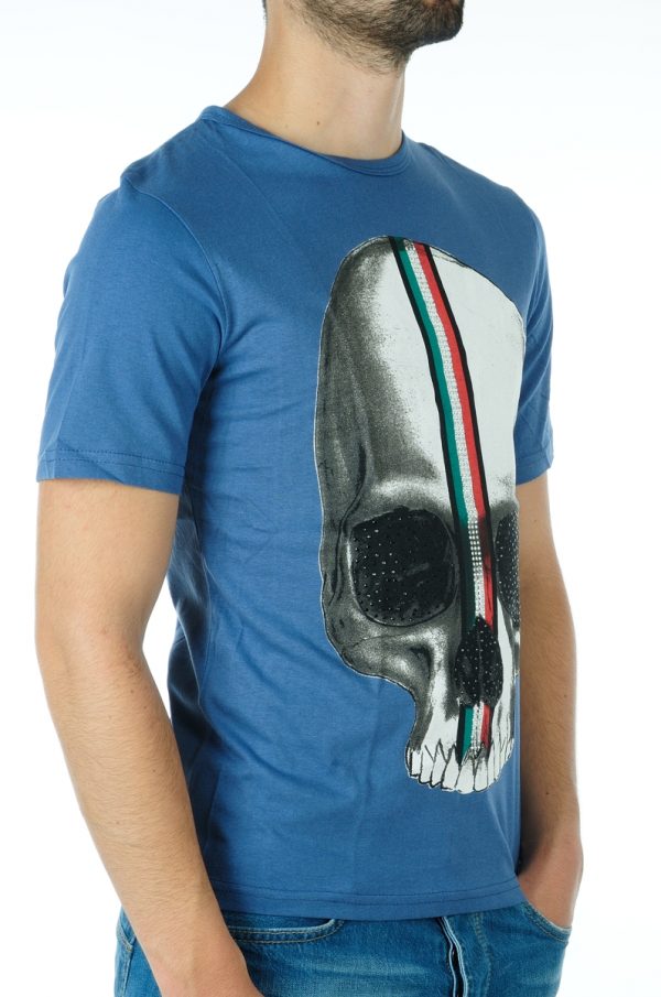 Ricardi trendy ronde hals heren skull T-shirt met steentjes Blauw