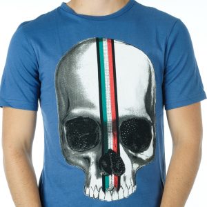 Ricardi trendy ronde hals heren skull T-shirt met steentjes Blauw