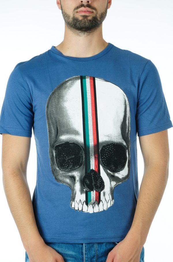 Ricardi trendy ronde hals heren skull T-shirt met steentjes Blauw