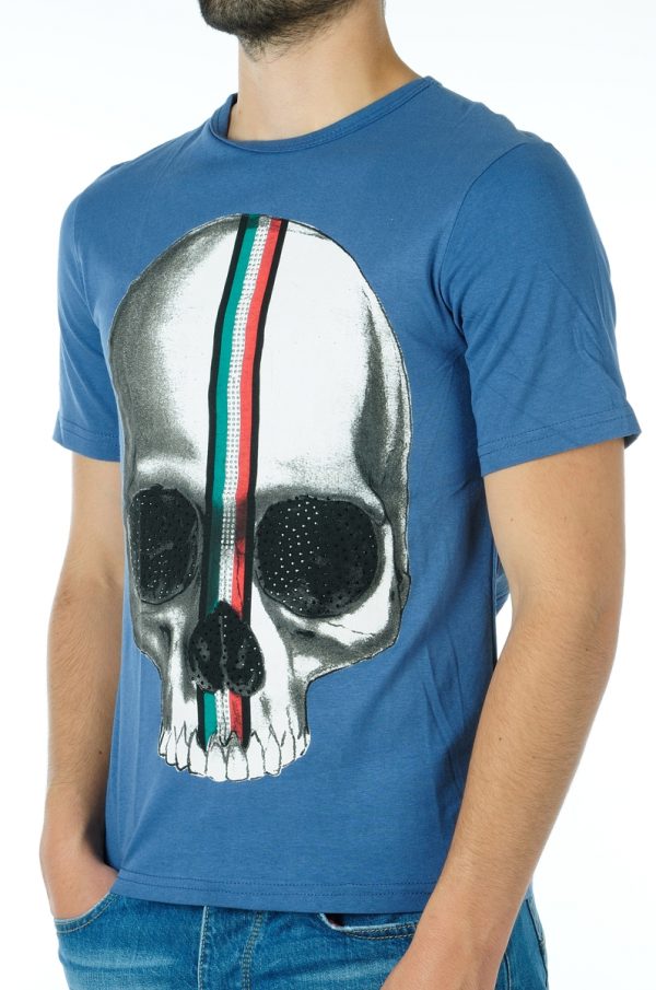 Ricardi trendy ronde hals heren skull T-shirt met steentjes Blauw