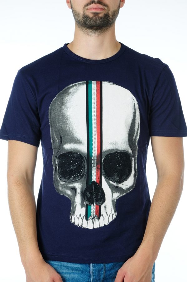 Ricardi trendy ronde hals heren skull T-shirt met steentjes Navy