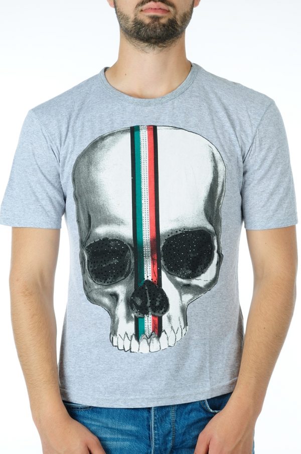 Ricardi trendy ronde hals heren skull T-shirt met steentjes Grijs