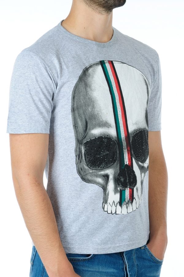 Ricardi trendy ronde hals heren skull T-shirt met steentjes Grijs