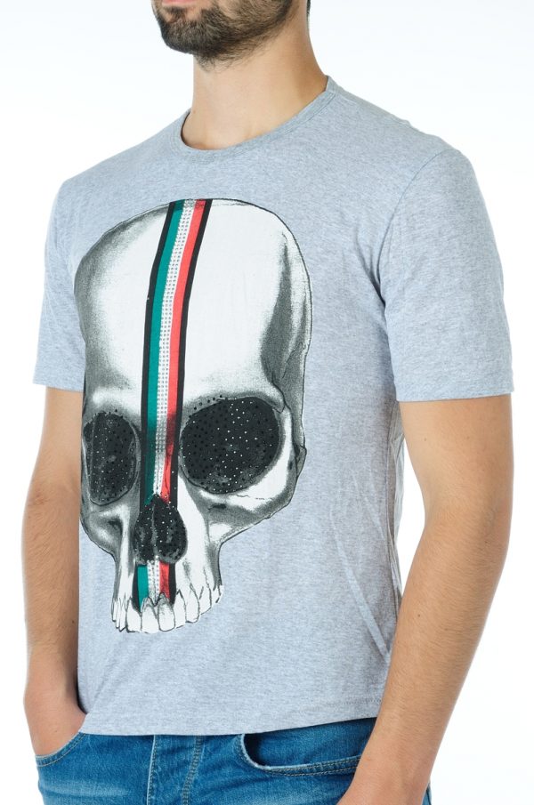 Ricardi trendy ronde hals heren skull T-shirt met steentjes Grijs