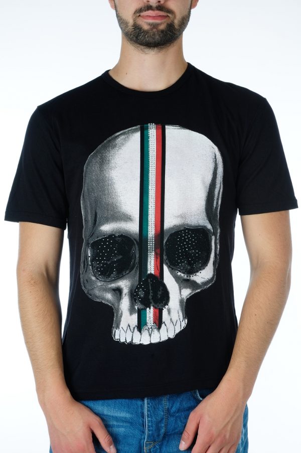 Ricardi trendy ronde hals heren skull T-shirt met steentjes Zwart