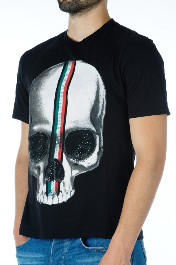 Ricardi trendy ronde hals heren skull T-shirt met steentjes Zwart