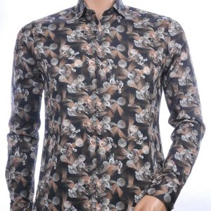 BERZO trendy slim fit allover bloemen dessin heren overhemd Zwart