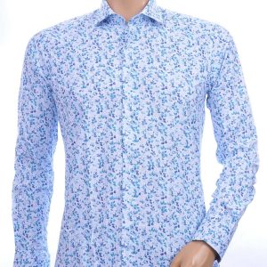 Corrino Italiaanse getailleerd slim fit allover bladeren dessin heren overhemd Blauw
