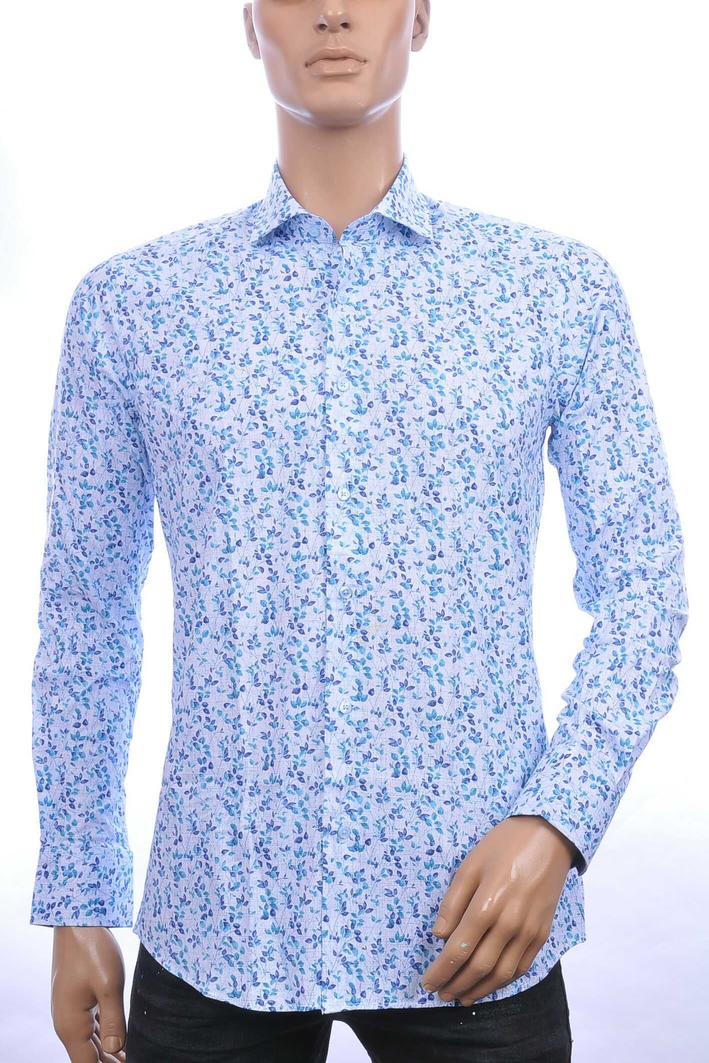 Corrino Italiaanse getailleerd slim fit allover bladeren dessin heren overhemd Blauw