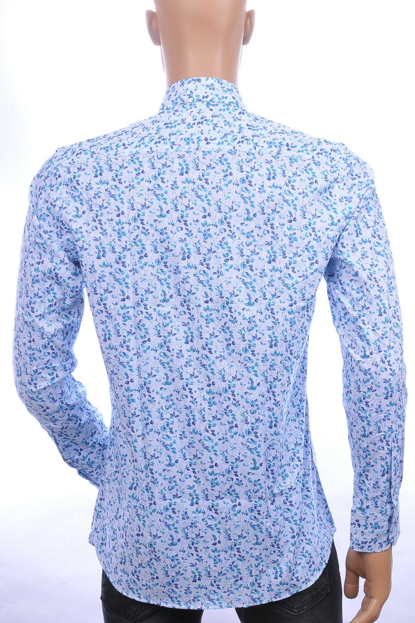 Corrino Italiaanse getailleerd slim fit allover bladeren dessin heren overhemd Blauw