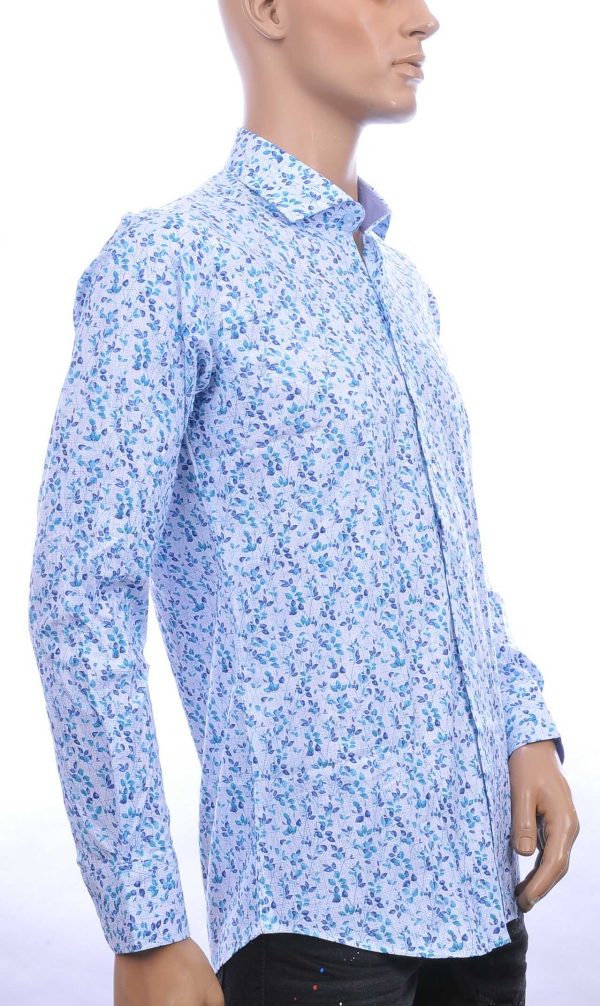 Corrino Italiaanse getailleerd slim fit allover bladeren dessin heren overhemd Blauw