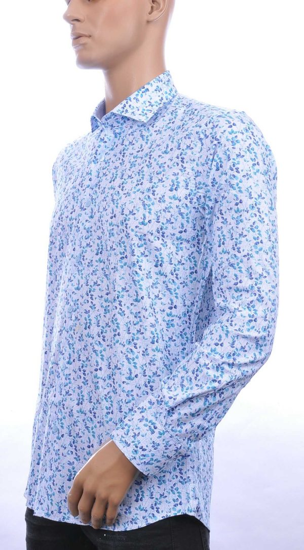 Corrino Italiaanse getailleerd slim fit allover bladeren dessin heren overhemd Blauw