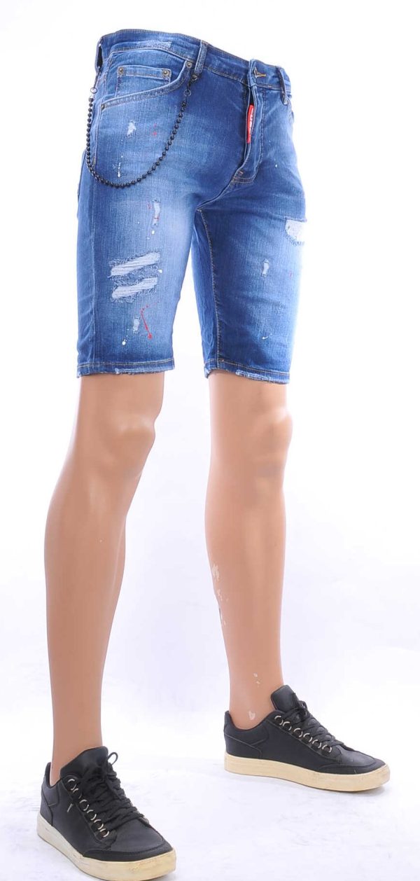 ICON2 hippie gescheurde slim fit heren korte spijkerbroek met verfvlekjes Blauw