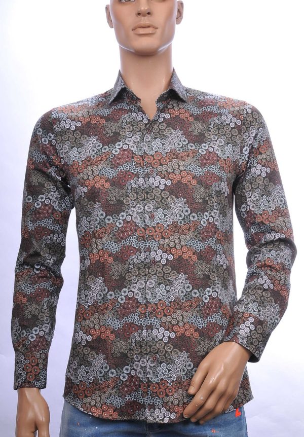 CORRINO trendy slim fit allover bloemen dessin heren overhemd Bruin