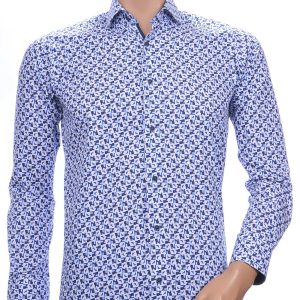 Corrino Italiaanse getailleerd slim fit allover modern dessin heren overhemd Navy