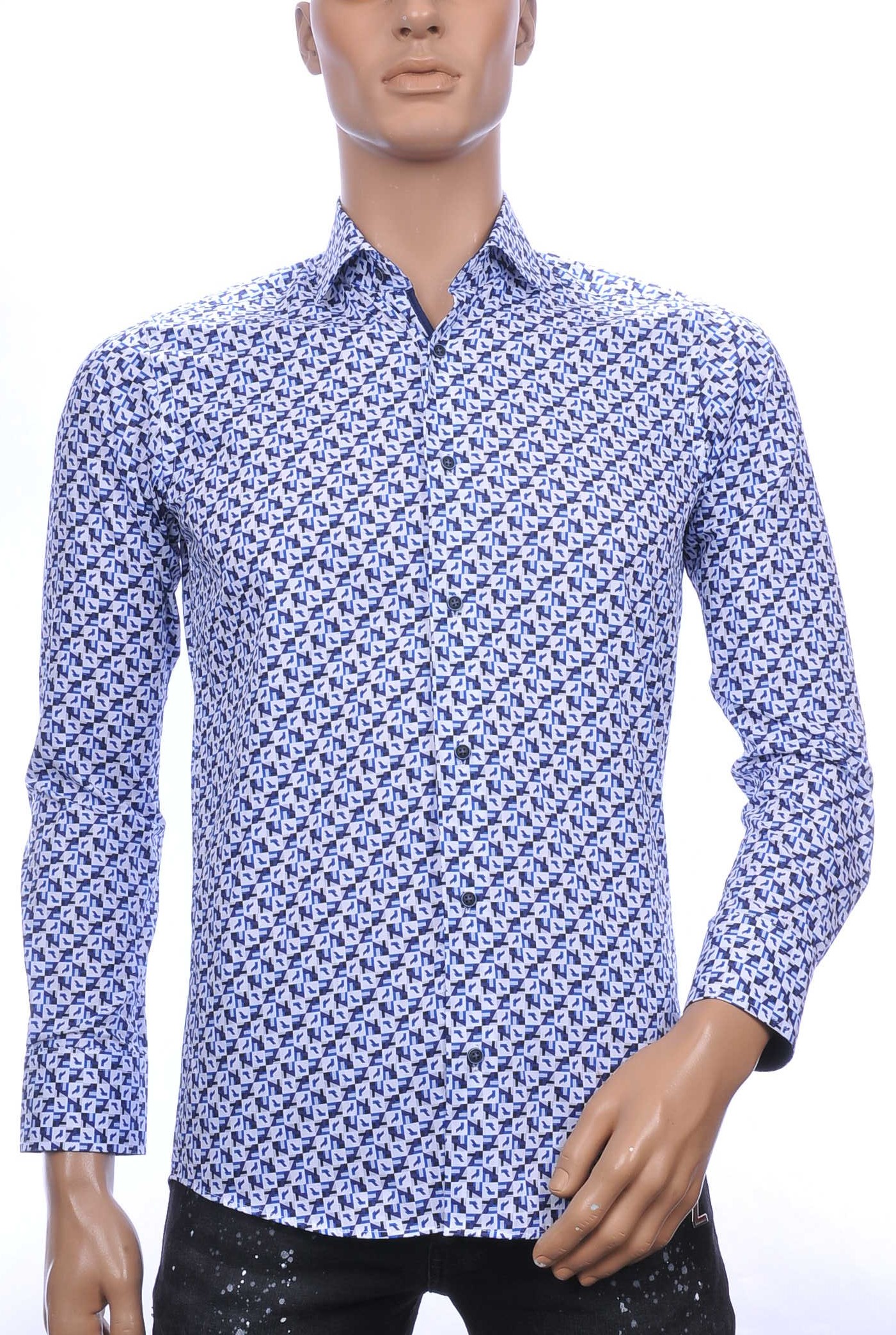 Corrino Italiaanse getailleerd slim fit allover modern dessin heren overhemd Navy