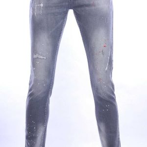 ICON hippie gescheurde slim fit stretch heren jeans met verfspatten Grijs