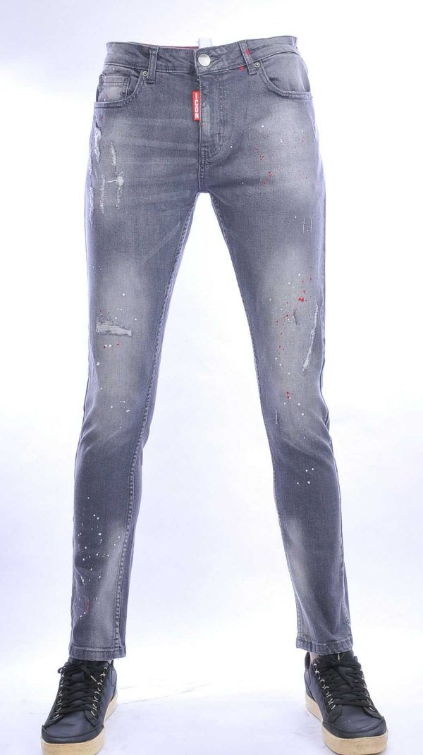 ICON hippie gescheurde slim fit stretch heren jeans met verfspatten Grijs