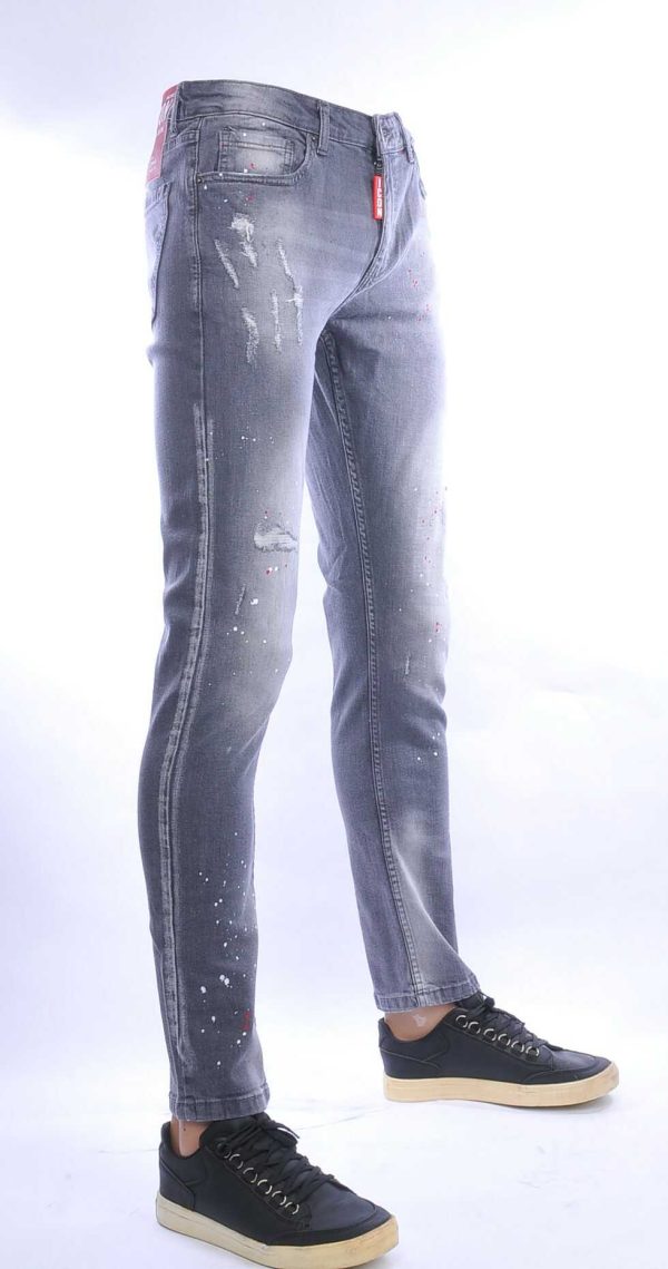 ICON hippie gescheurde slim fit stretch heren jeans met verfspatten Grijs