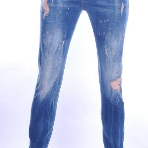 ICON2 hippie gescheurde slim fit stretch heren jeans met verfspatten Blauw