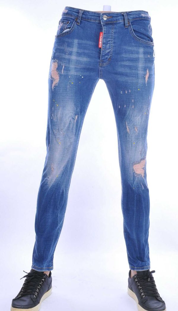 ICON2 hippie gescheurde slim fit stretch heren jeans met verfspatten Blauw