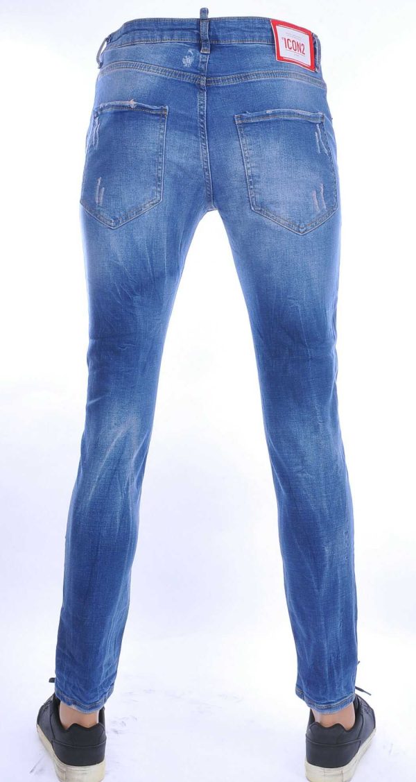 ICON2 hippie gescheurde slim fit stretch heren jeans met verfspatten Blauw