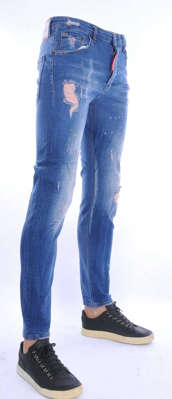 ICON2 hippie gescheurde slim fit stretch heren jeans met verfspatten Blauw