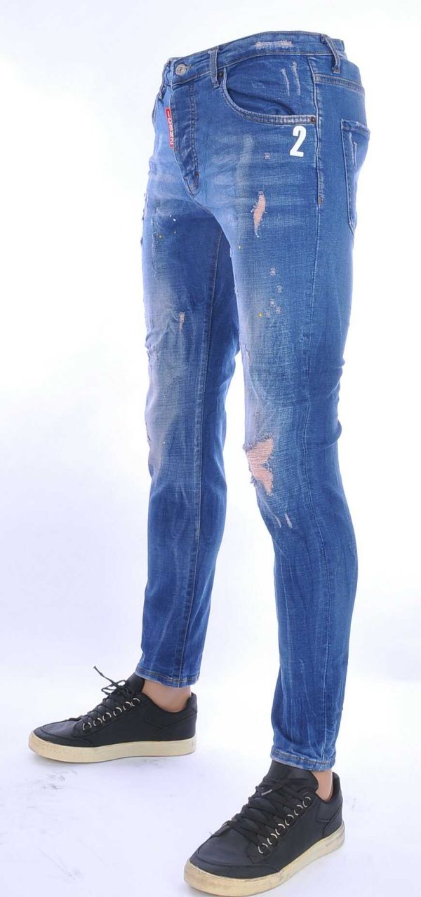 ICON2 hippie gescheurde slim fit stretch heren jeans met verfspatten Blauw