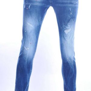 ICON2 hippie gescheurde slim fit stretch heren jeans met verfspatten Blauw