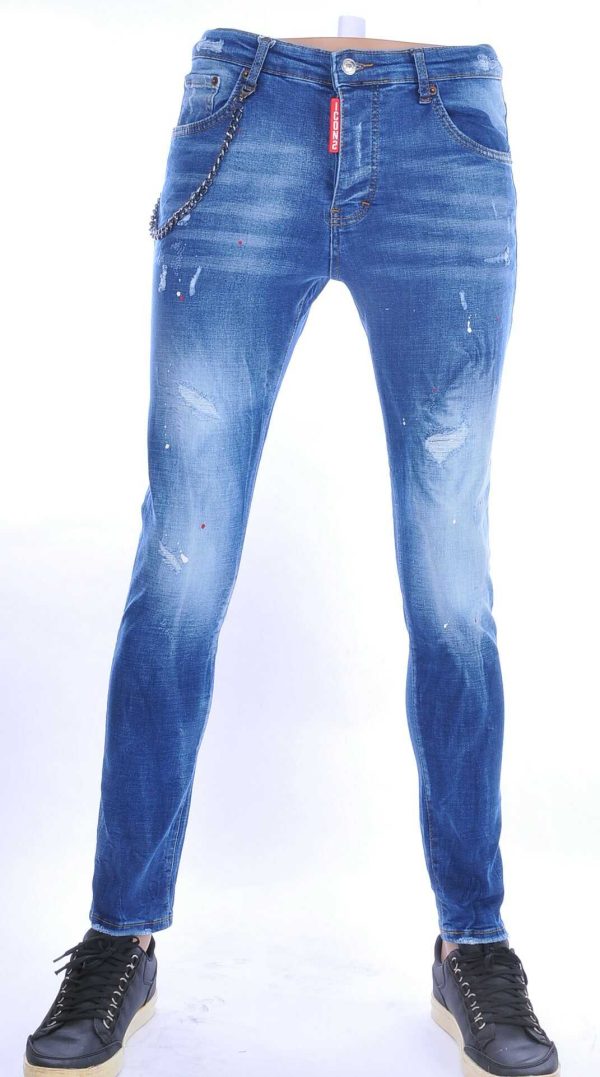 ICON2 hippie gescheurde slim fit stretch heren jeans met verfspatten Blauw