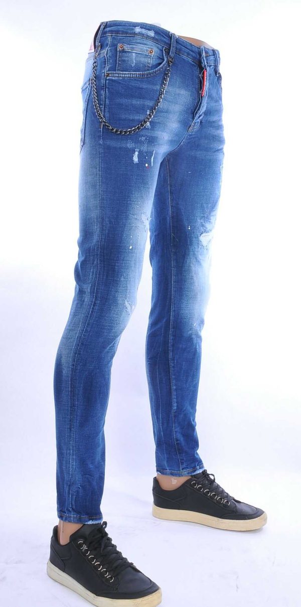 ICON2 hippie gescheurde slim fit stretch heren jeans met verfspatten Blauw