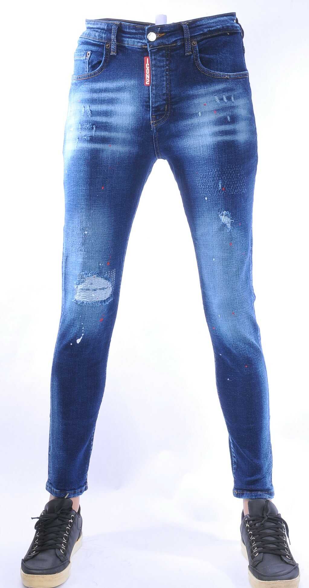 ICON2 Hippe Gescheurde Slim Fit Heren Jeans met Verfspatten – Trendy, Comfortabel en Stoer Donkerblauw | Urban Streetwear, Slim Fit Heren Jeans, Modieuze Jeans voor Mannen