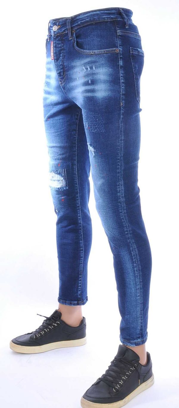 ICON2 Hippe Gescheurde Slim Fit Heren Jeans met Verfspatten – Trendy, Comfortabel en Stoer Donkerblauw | Urban Streetwear, Slim Fit Heren Jeans, Modieuze Jeans voor Mannen