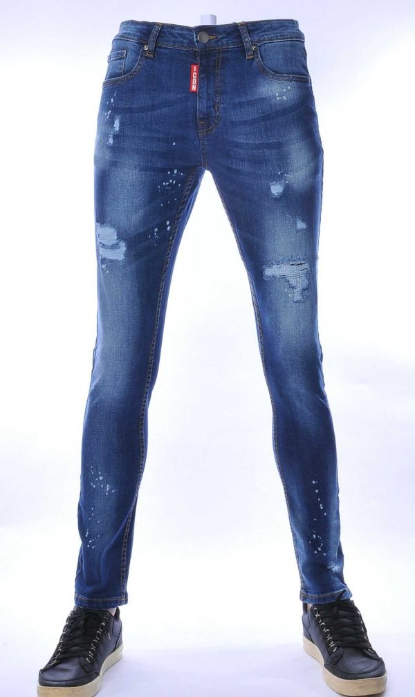 ICON hippie gescheurde slim fit stretch heren jeans met bleekvlekjes Blauw