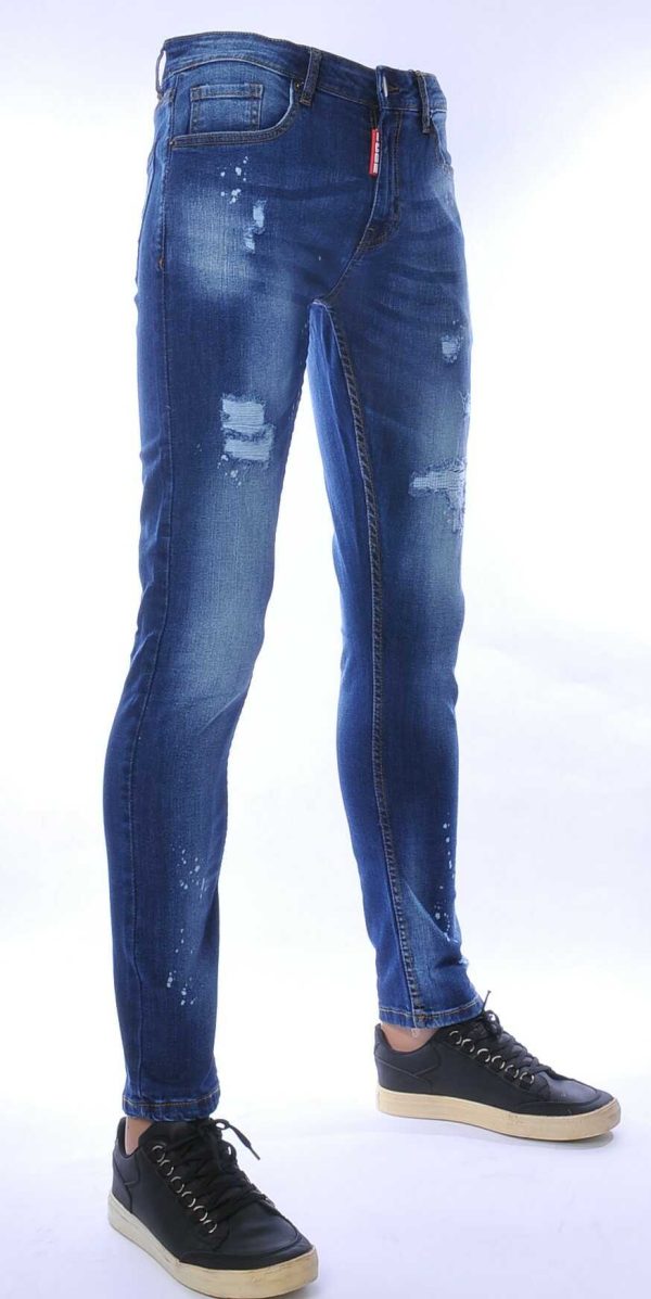 ICON hippie gescheurde slim fit stretch heren jeans met bleekvlekjes Blauw